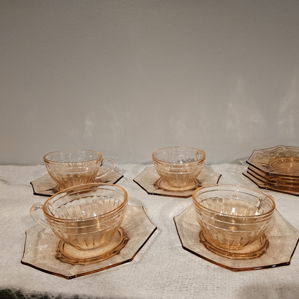 Jeanette Pink Depression Tea Cup & Snack Plates